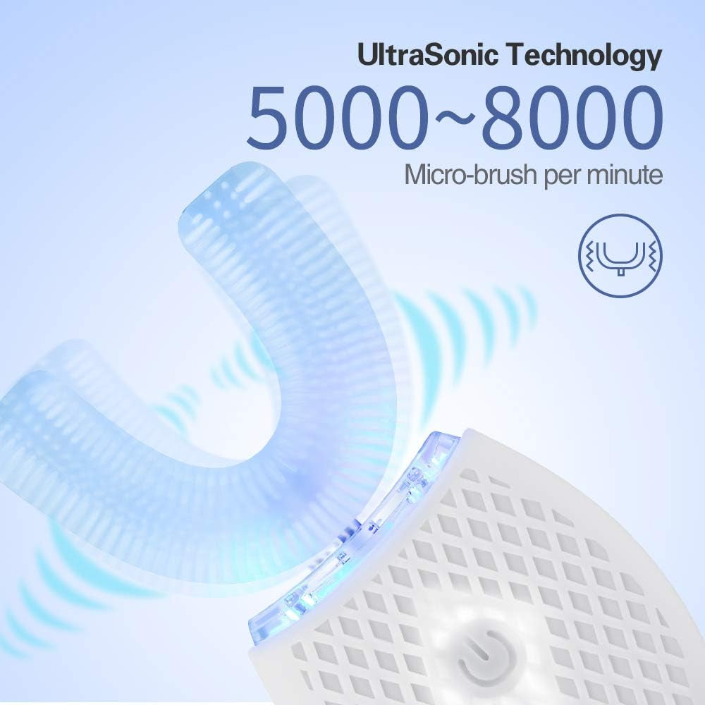 Ultrasonic Automatic Toothbrush, Ultrasonic U-Shaped Toothbrushes for Adult, 360° Mouth Cleaning, Electric Toothbrush with Automatic Timer, Wireless Charging Teethbrush Kit for Travel or Home (White)