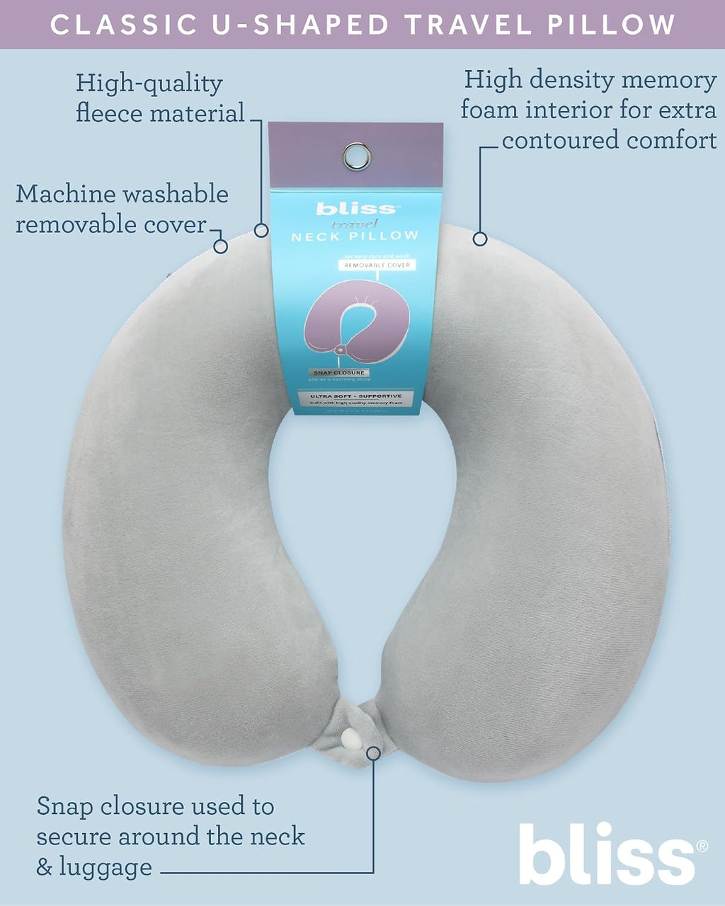 Neck Pillow - Lightweight U Shaped High Density Memory Foam Travel Neck Pillow with Snap Closure for Travelling, Size One Size, Grey Fleece