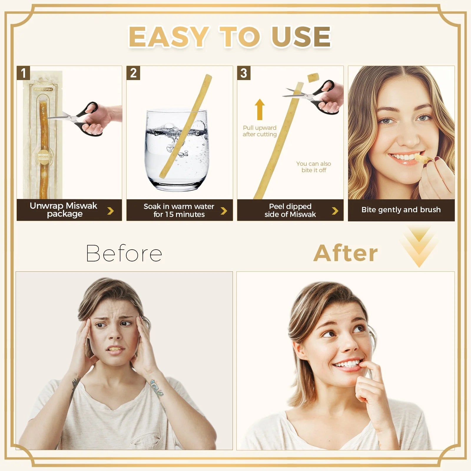 12 Pack Natural Miswak Sticks, Organic Wooden Miswak Toothbrush for Healthy Gums & Fresher Breath, No Toothpaste Required, Original Flavor