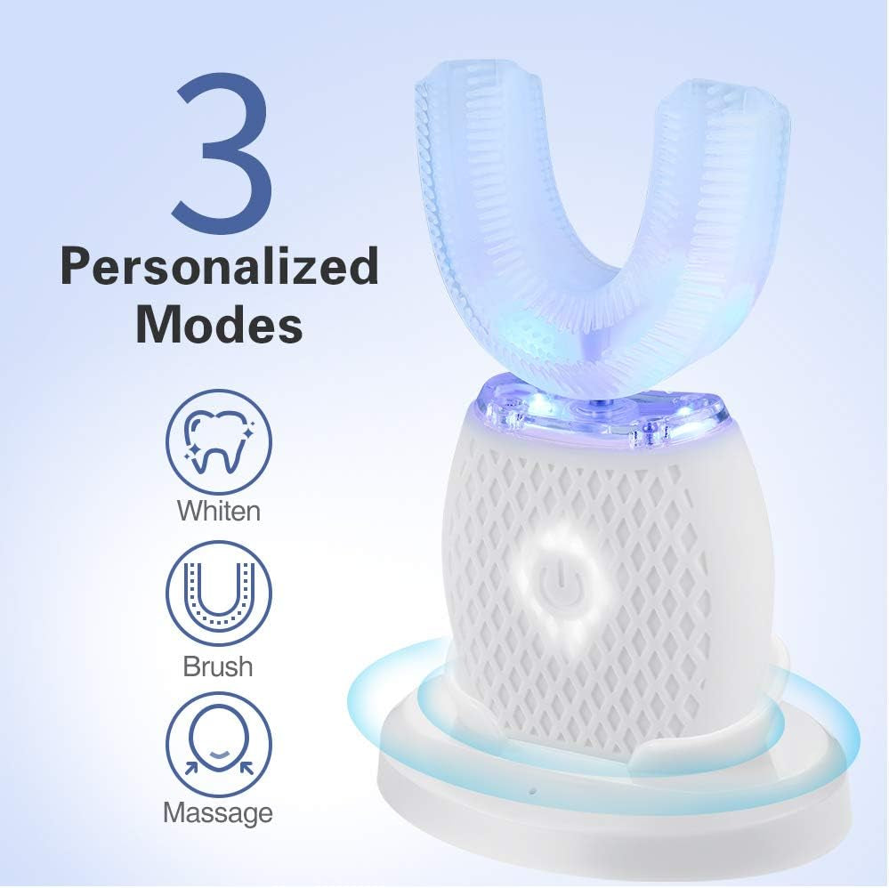 Ultrasonic Automatic Toothbrush, Ultrasonic U-Shaped Toothbrushes for Adult, 360° Mouth Cleaning, Electric Toothbrush with Automatic Timer, Wireless Charging Teethbrush Kit for Travel or Home (White)