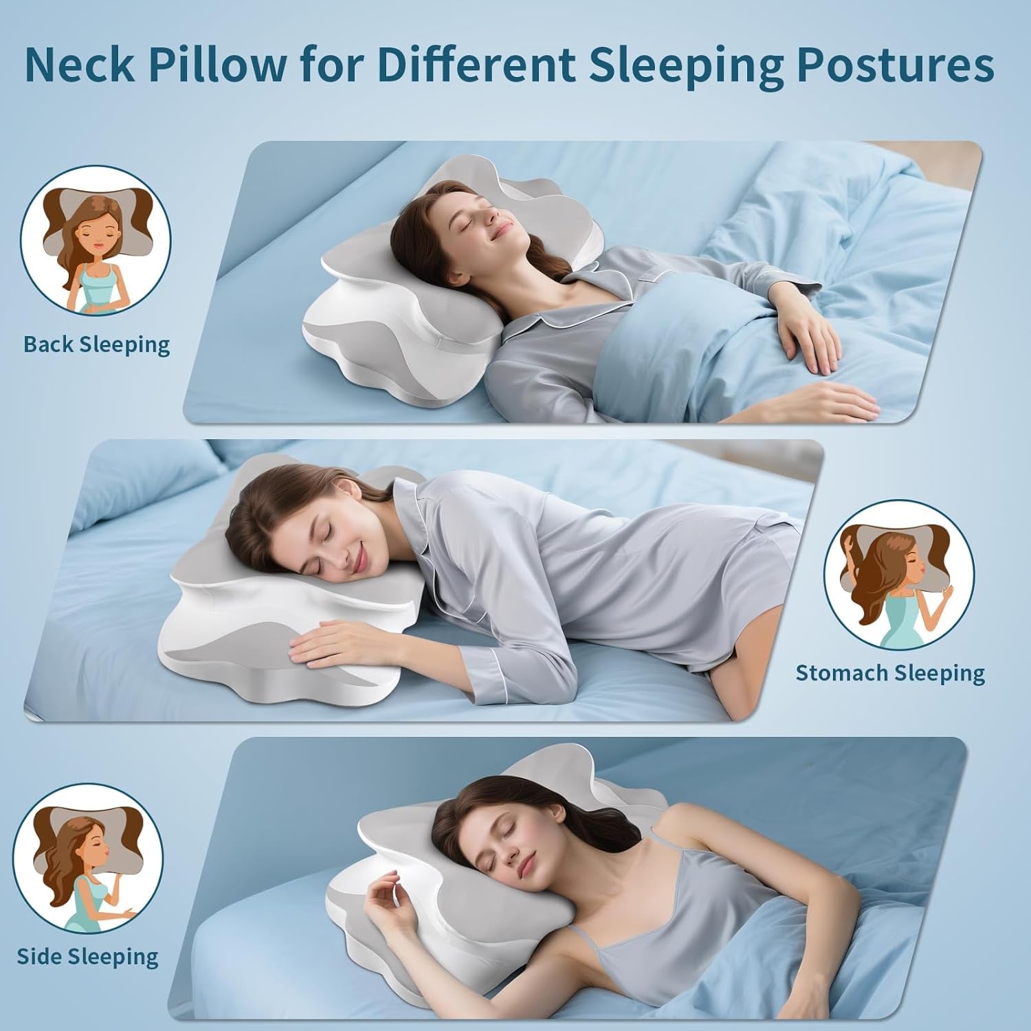 Cervical Neck Pillow - Neck Support Pillows for Sleeping, Contour Memory Foam Pillows for Side, Back & Stomach Sleepers, Ergonomic Neck Pillow with Breathable Cover (Grey)
