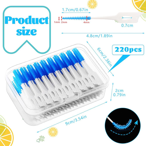 220 Interdental Brushes, Silicone Dental Picks with Case, Blue | Soft Flexible Silicone Tips, Dual-End Design, Portable Storage Case, for Daily Teeth Gap Cleaning and Gum Care