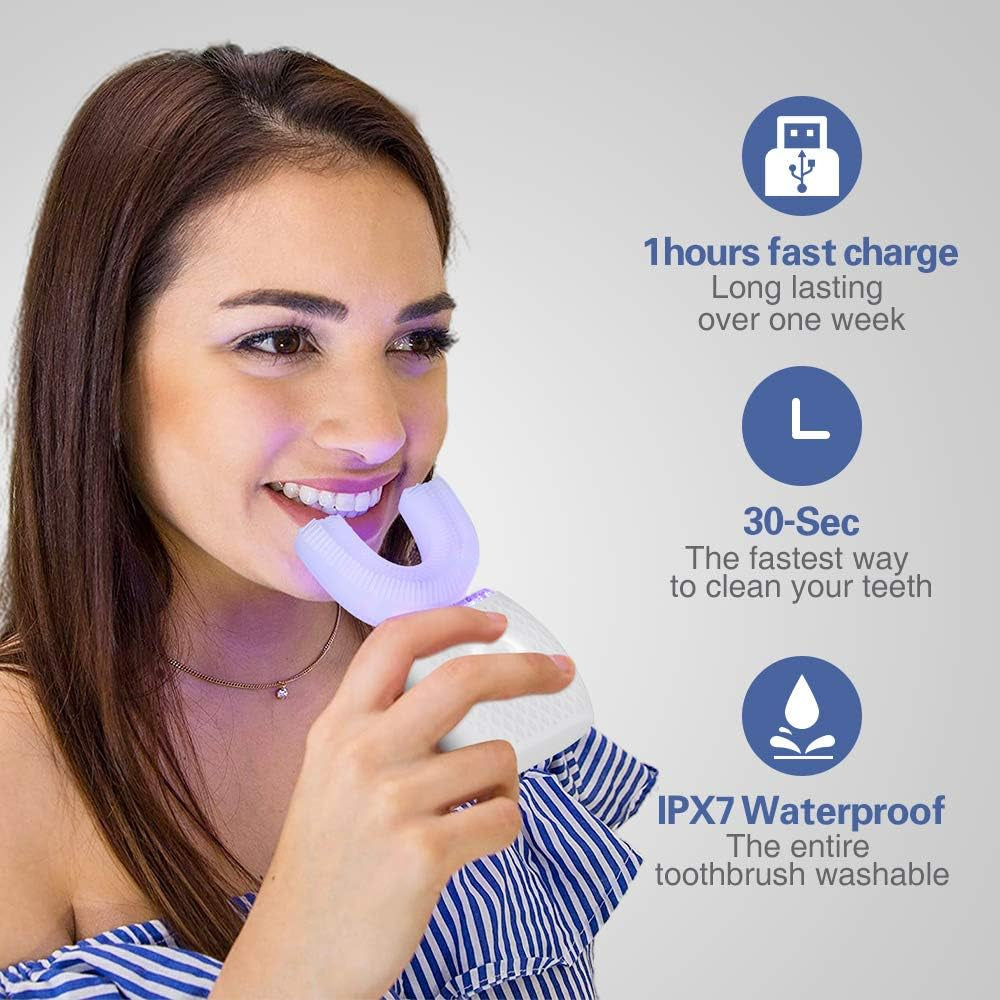 Ultrasonic Automatic Toothbrush, Ultrasonic U-Shaped Toothbrushes for Adult, 360° Mouth Cleaning, Electric Toothbrush with Automatic Timer, Wireless Charging Teethbrush Kit for Travel or Home (White)